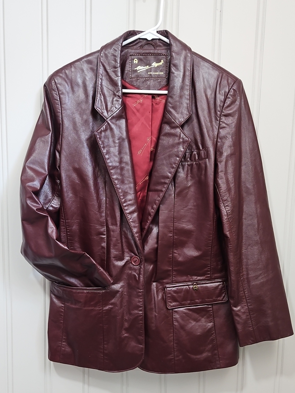 Vintage 90s Etienne Aigner Burgundy 100% Leather Blazer Size 14